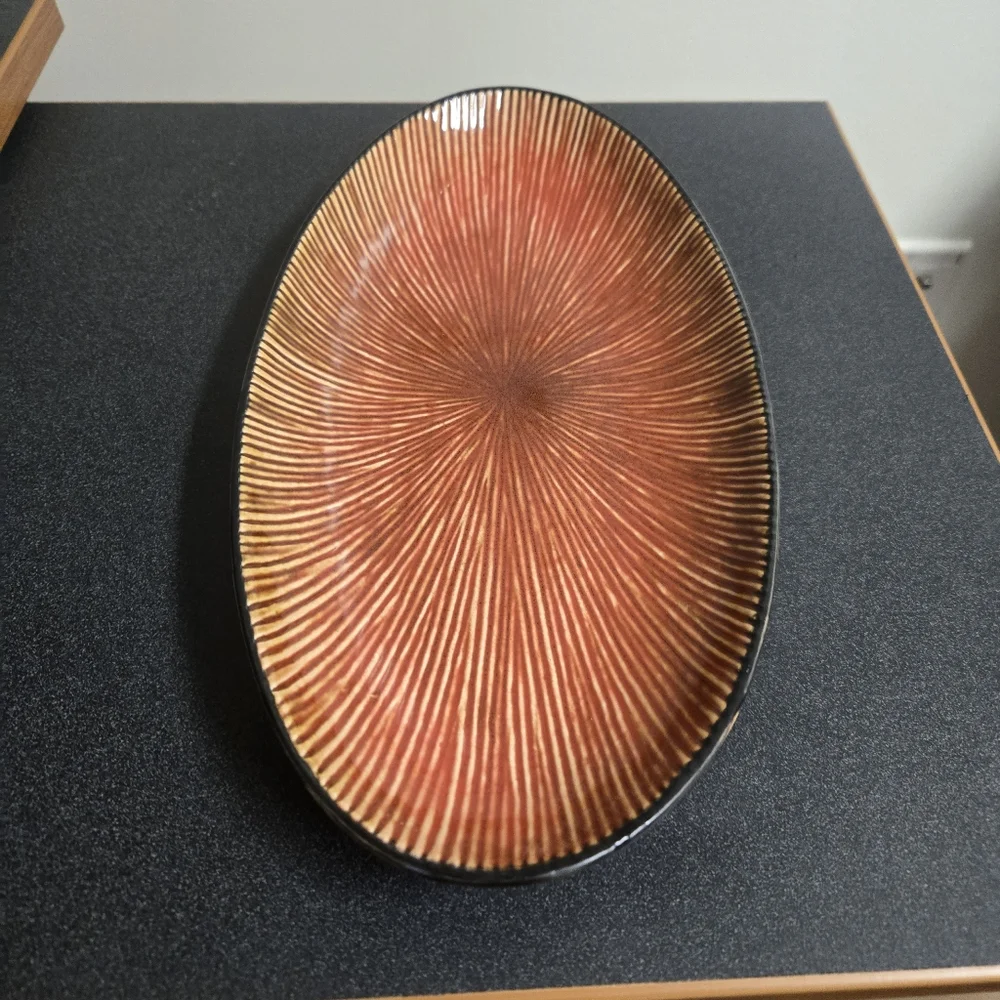 Pier 1 Oval Oblong Serving Dish Platter Rust Red Brown Ribbed